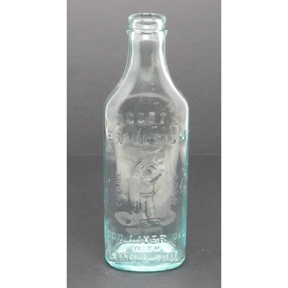 Scott's Emulsion Cod Liver Oil w Lime Soda Aqua Blue Embossed Glass Bottle